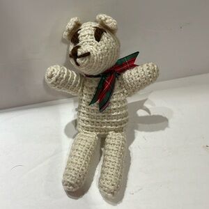 Handmade crochet teddy bear size 6.5”, color: beige with plaid neck ribbon